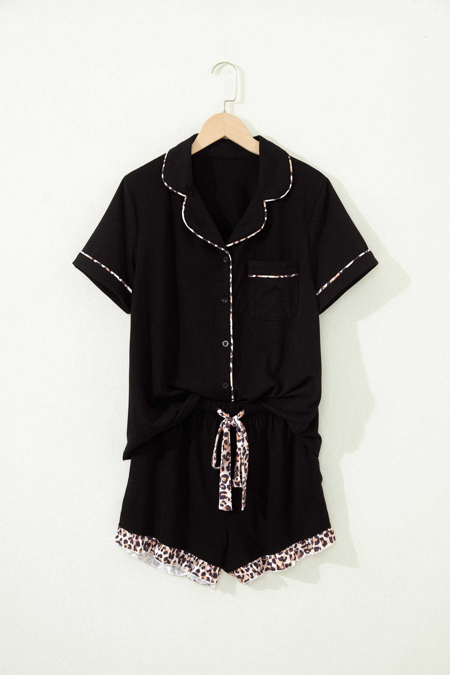 Black Leopard Patchwork Trim Lapel Shirt Drawstring Shorts 2pcs Pajama Set