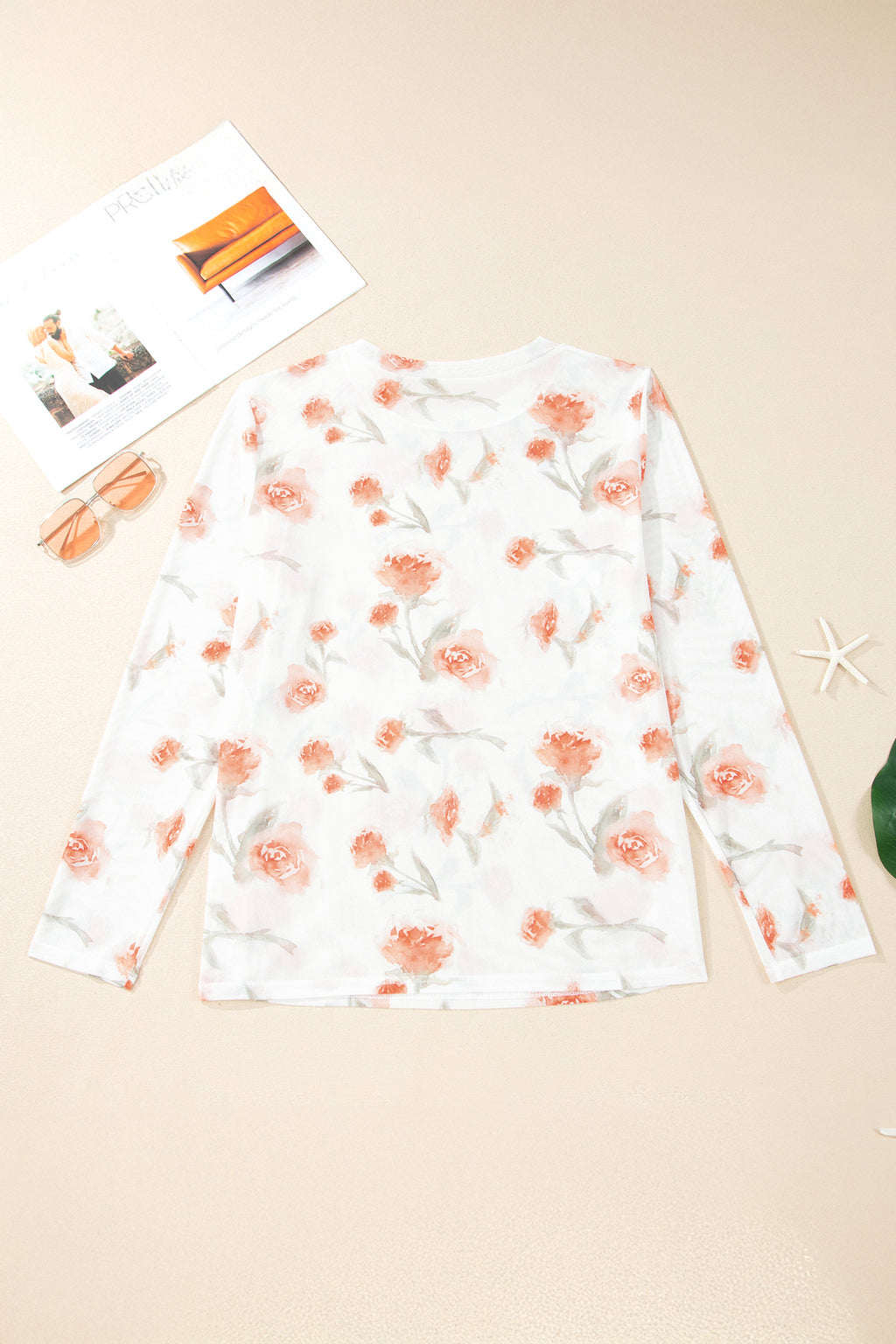 Red Plus Size Floral Print Sheer Mesh Long Sleeve Top