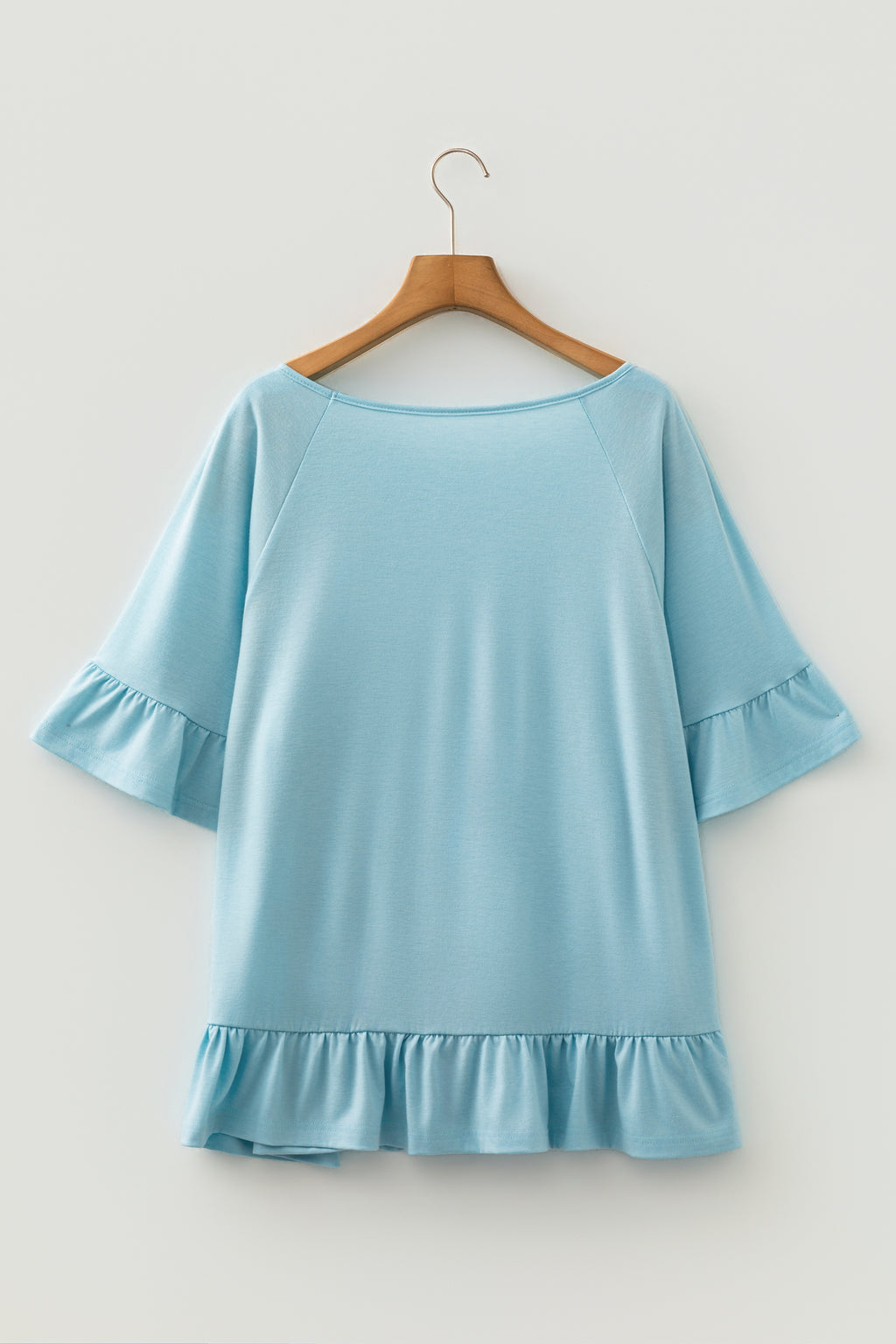 Light Blue Ruffled Short Sleeve Plus Size Casual Blouse