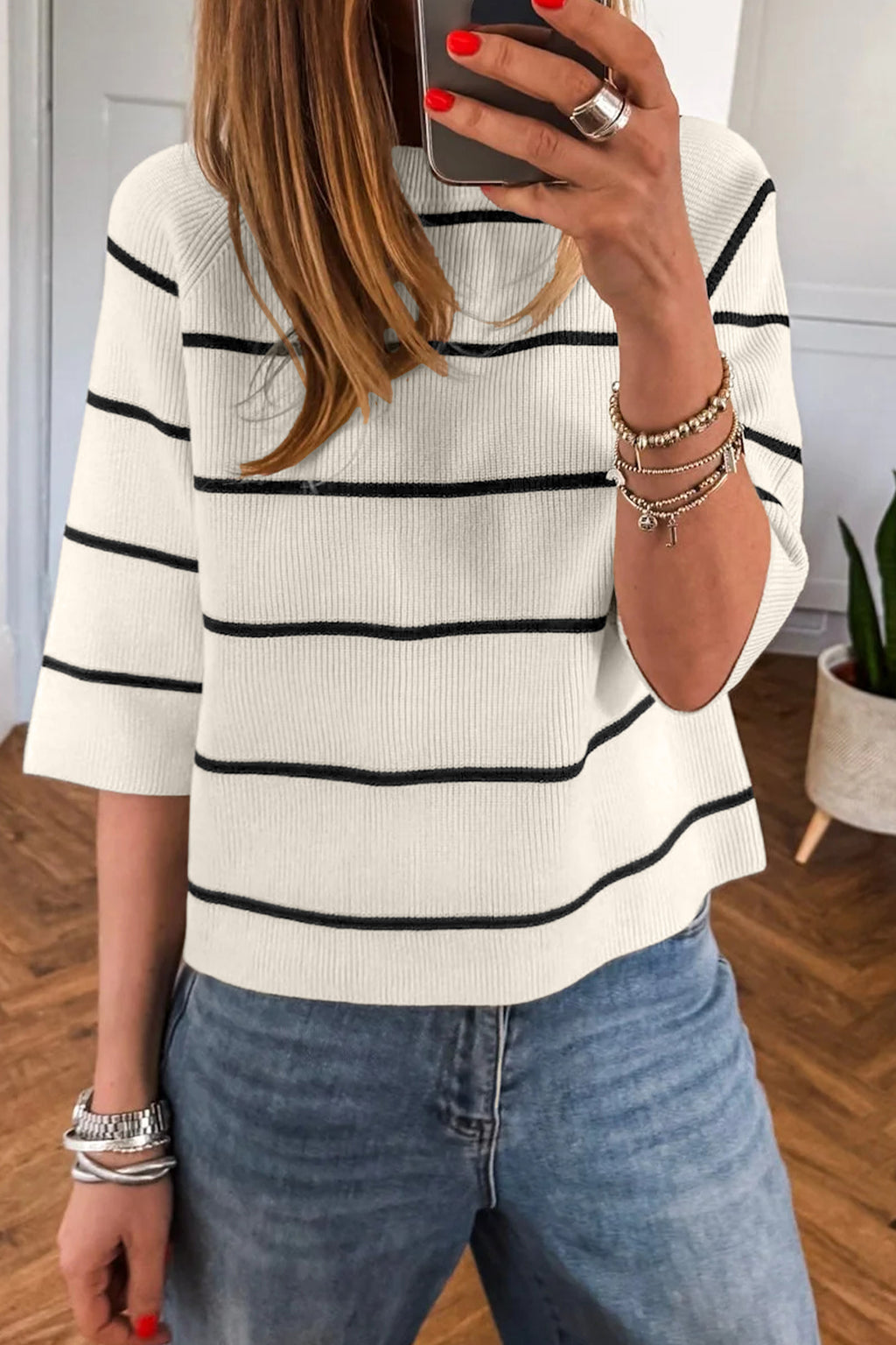 White Stripe Ribbed Knit Half Sleeve Loose Sweater Tee