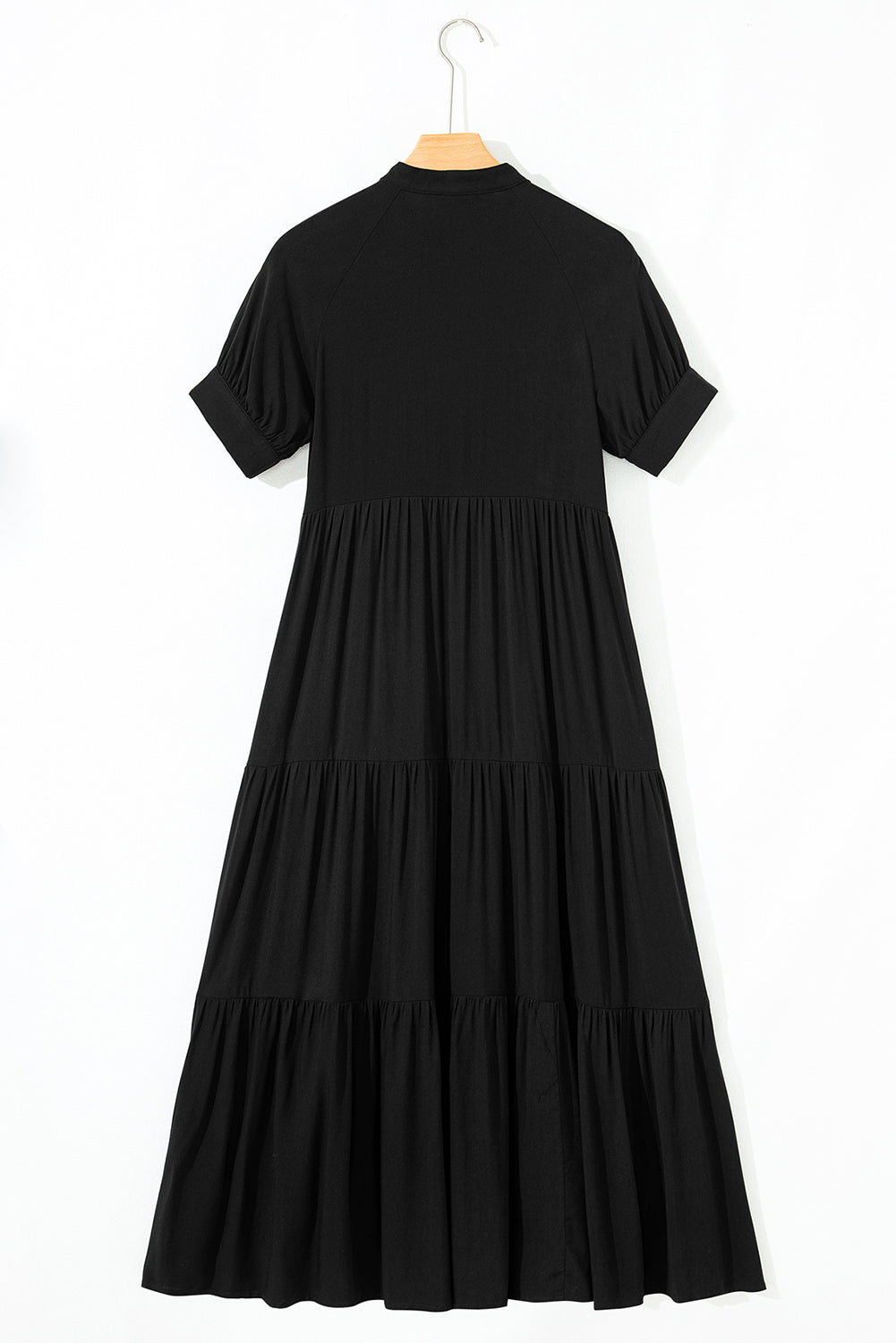 Black Hidden Buttons Short Sleeve Ruffle Tiered Long Flared Dress