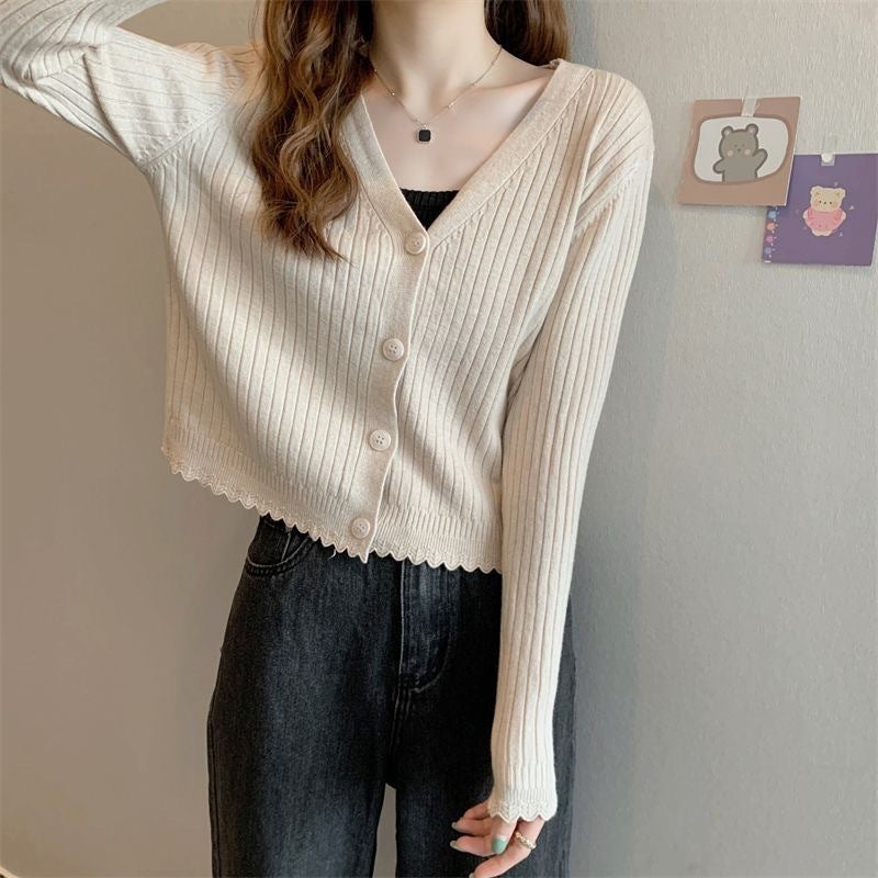 Fall V-neck Sunken Stripe Knitted Cardigan For Women