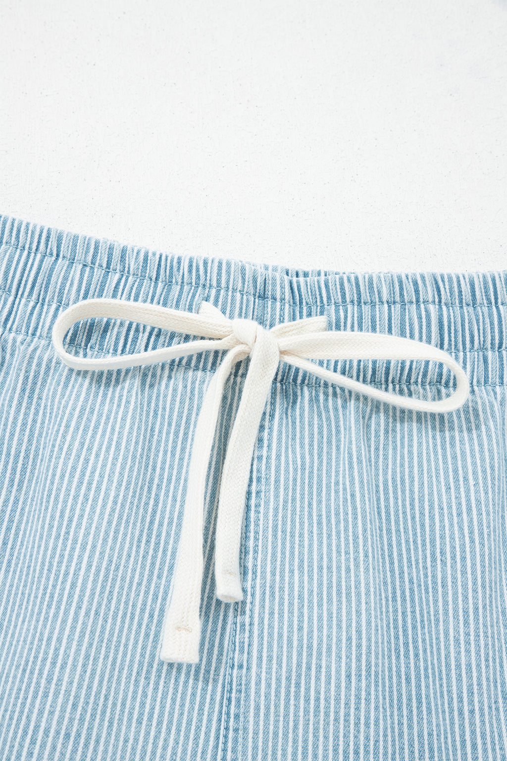 Blue Stripe Plus Size Contrast Drawstring Elastic Waist Denim Shorts