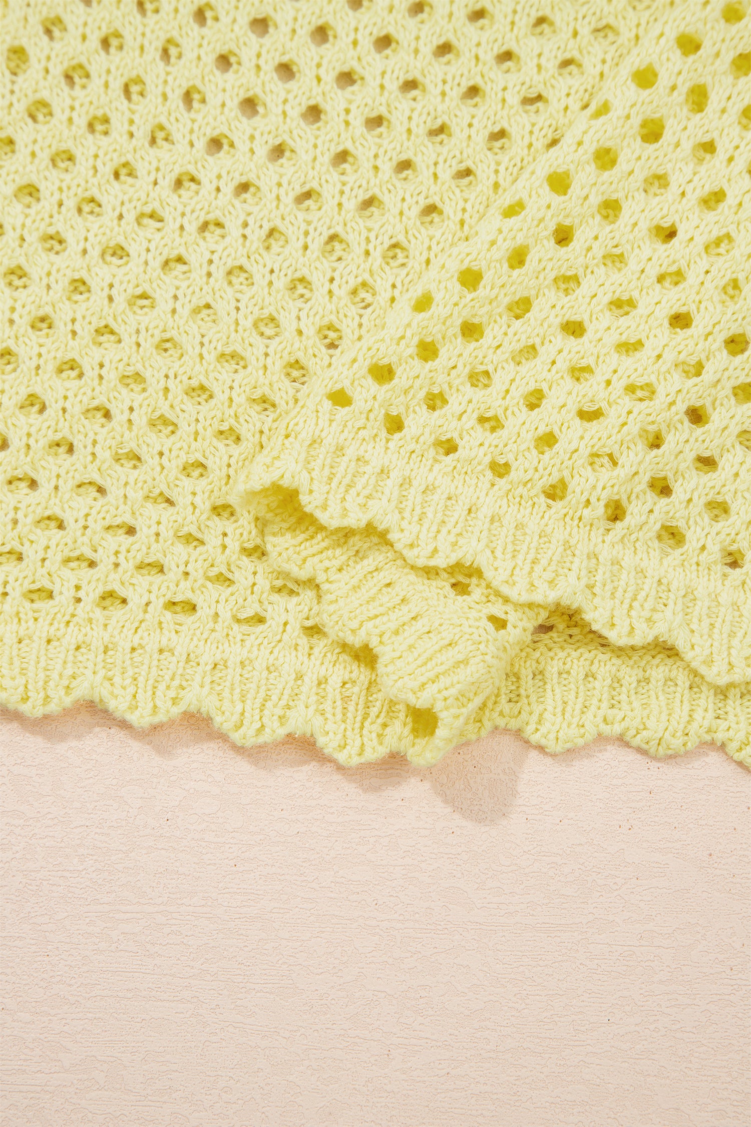 Yellow Cream Scalloped Trim Hollow Out Knit Long Sleeve Top