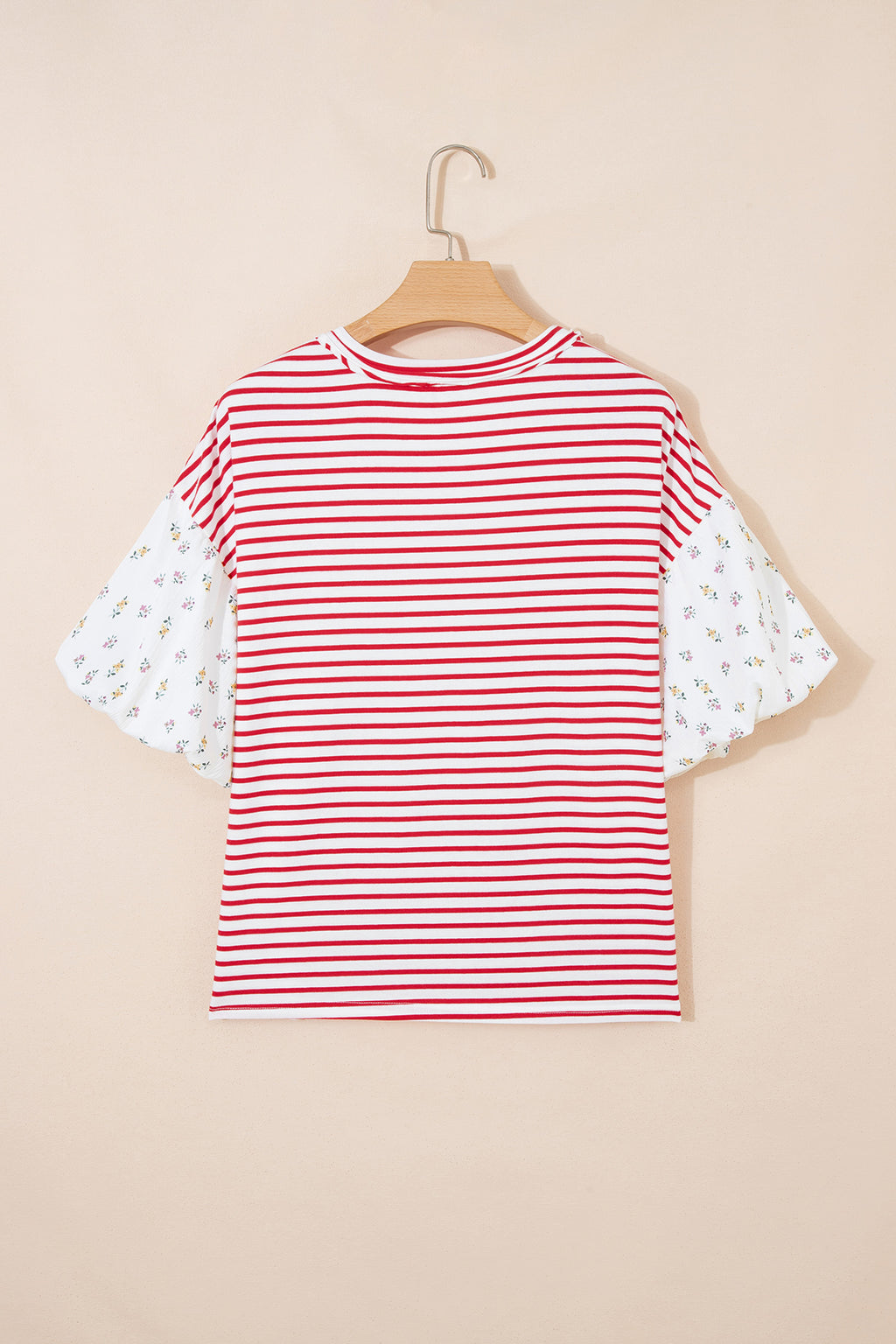 Red Stripe Floral Puff Sleeve Patchwork Round Neck Loose Top