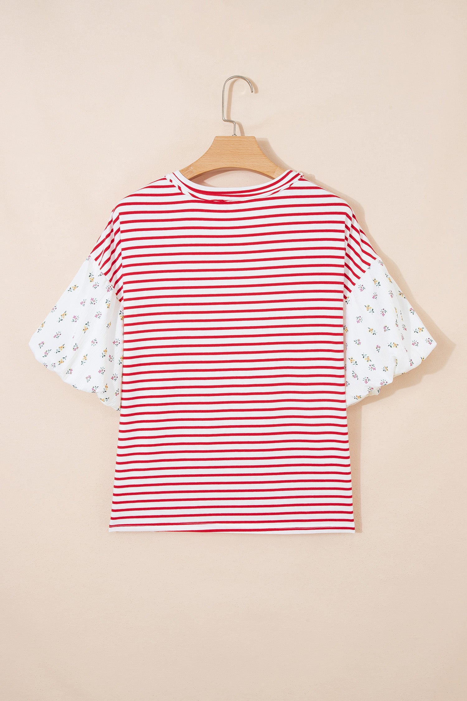 Red Stripe Floral Puff Sleeve Patchwork Round Neck Loose Top
