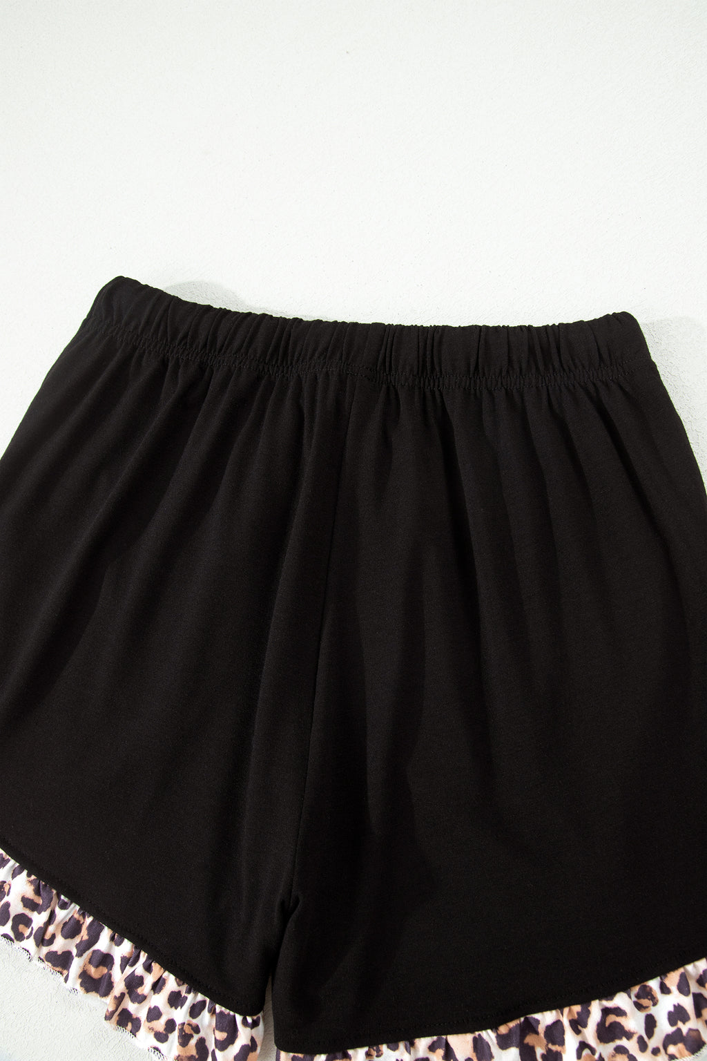 Black Leopard Patchwork Trim Lapel Shirt Drawstring Shorts 2pcs Pajama Set