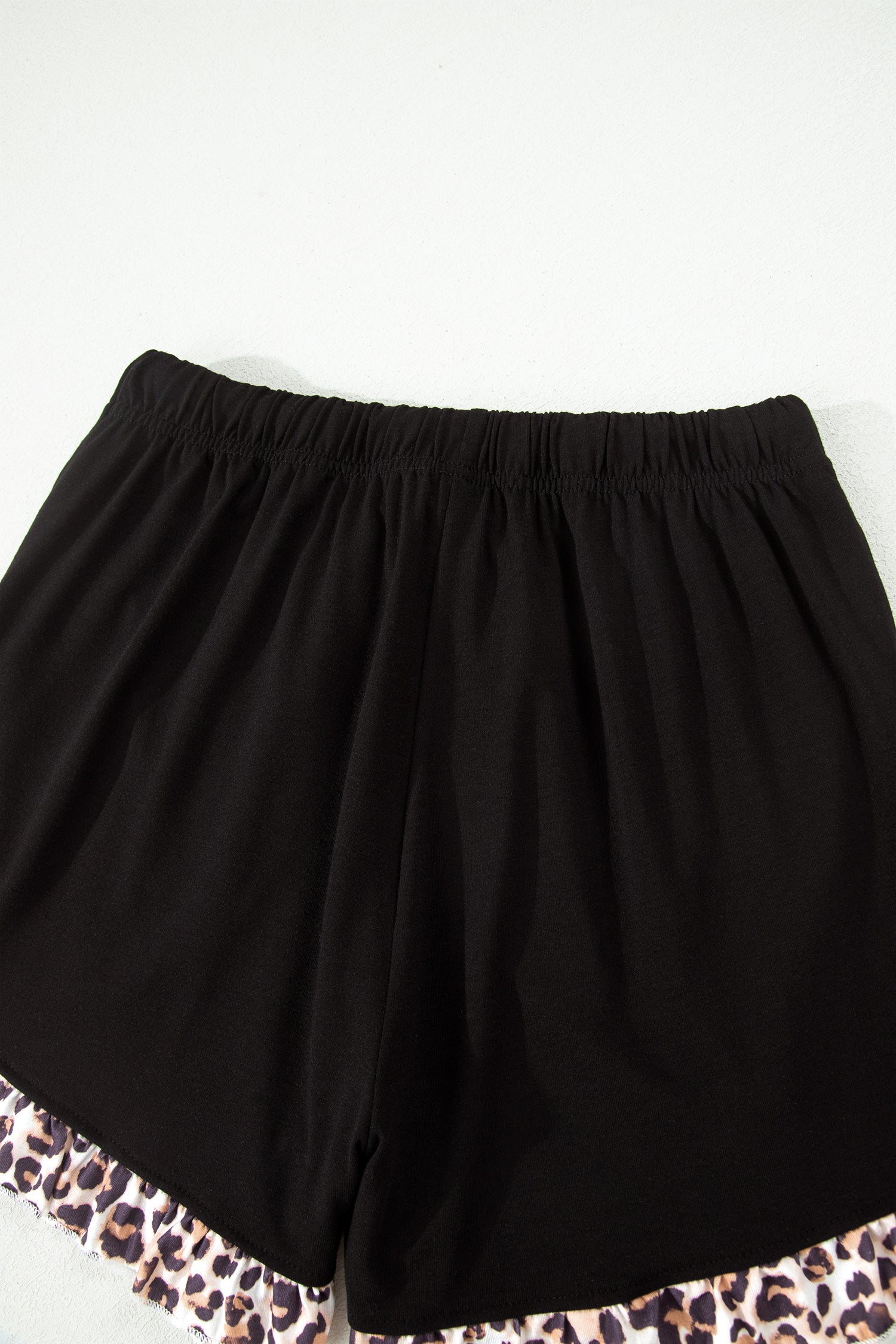 Black Leopard Patchwork Trim Lapel Shirt Drawstring Shorts 2pcs Pajama Set