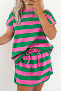 Rose Stripe Dolman Tee Drawstring Skort Athletic 2pcs Set