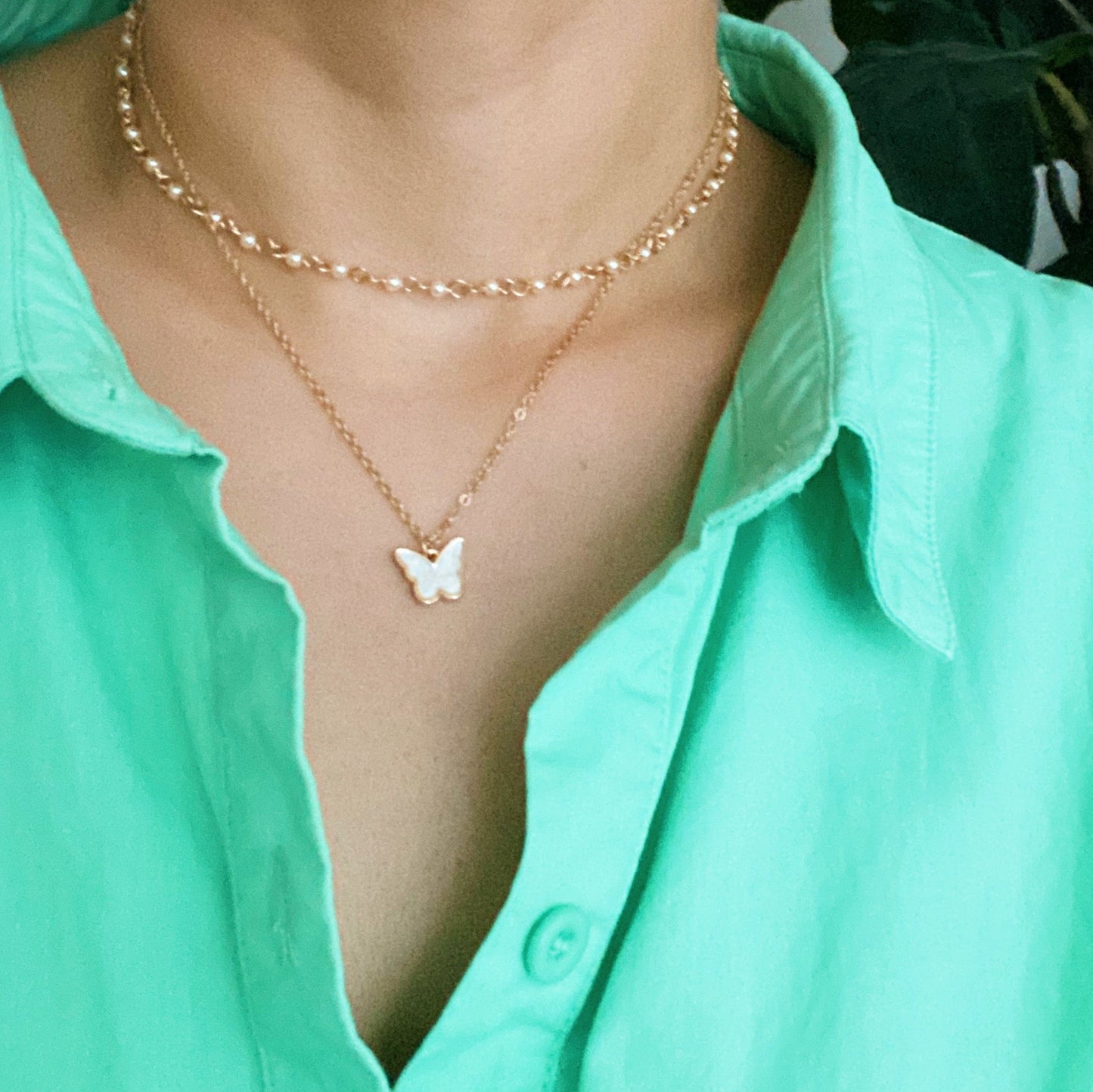 Layered Pearl Chain Butterfly Necklace by Ellisonyoung.com