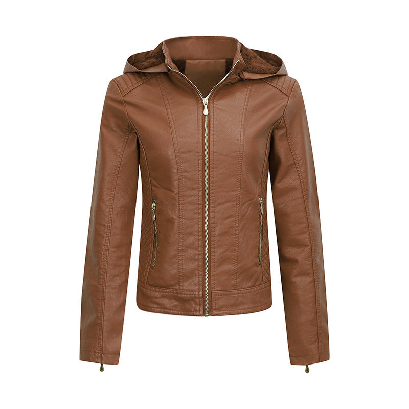 Women's Fleece-Lined Thickened Leather Coat Hooded