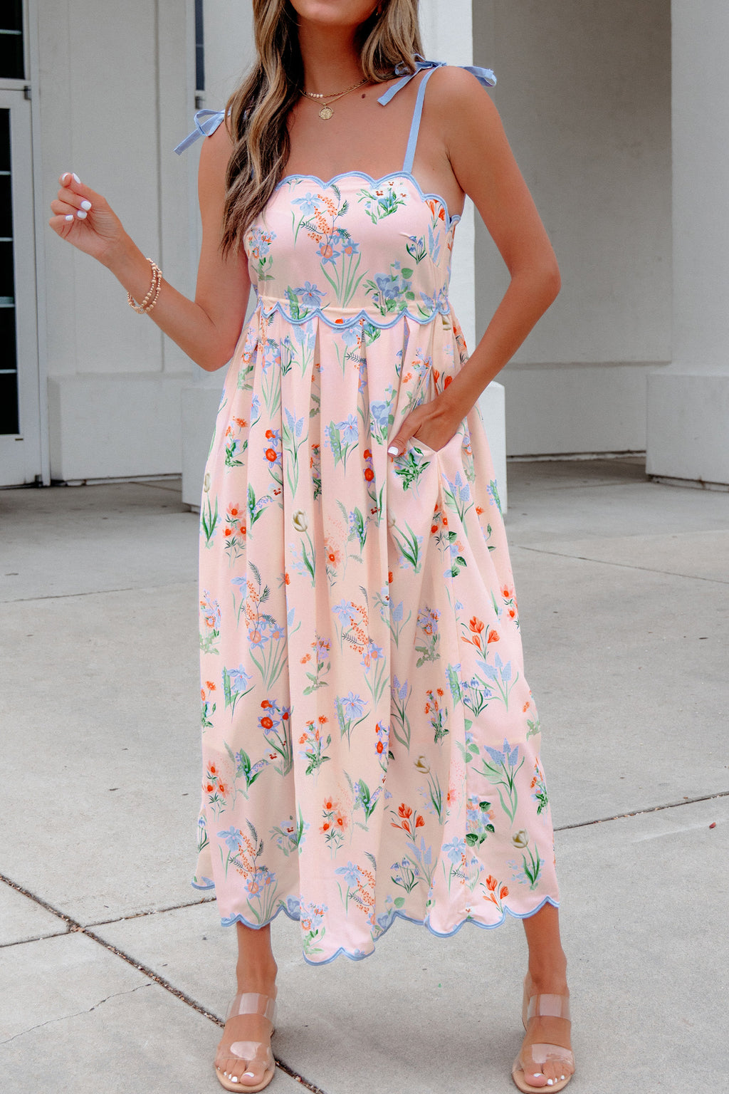Yellow Floral Print Contrast Trim Self-tie Straps High Waist Midi Dress
