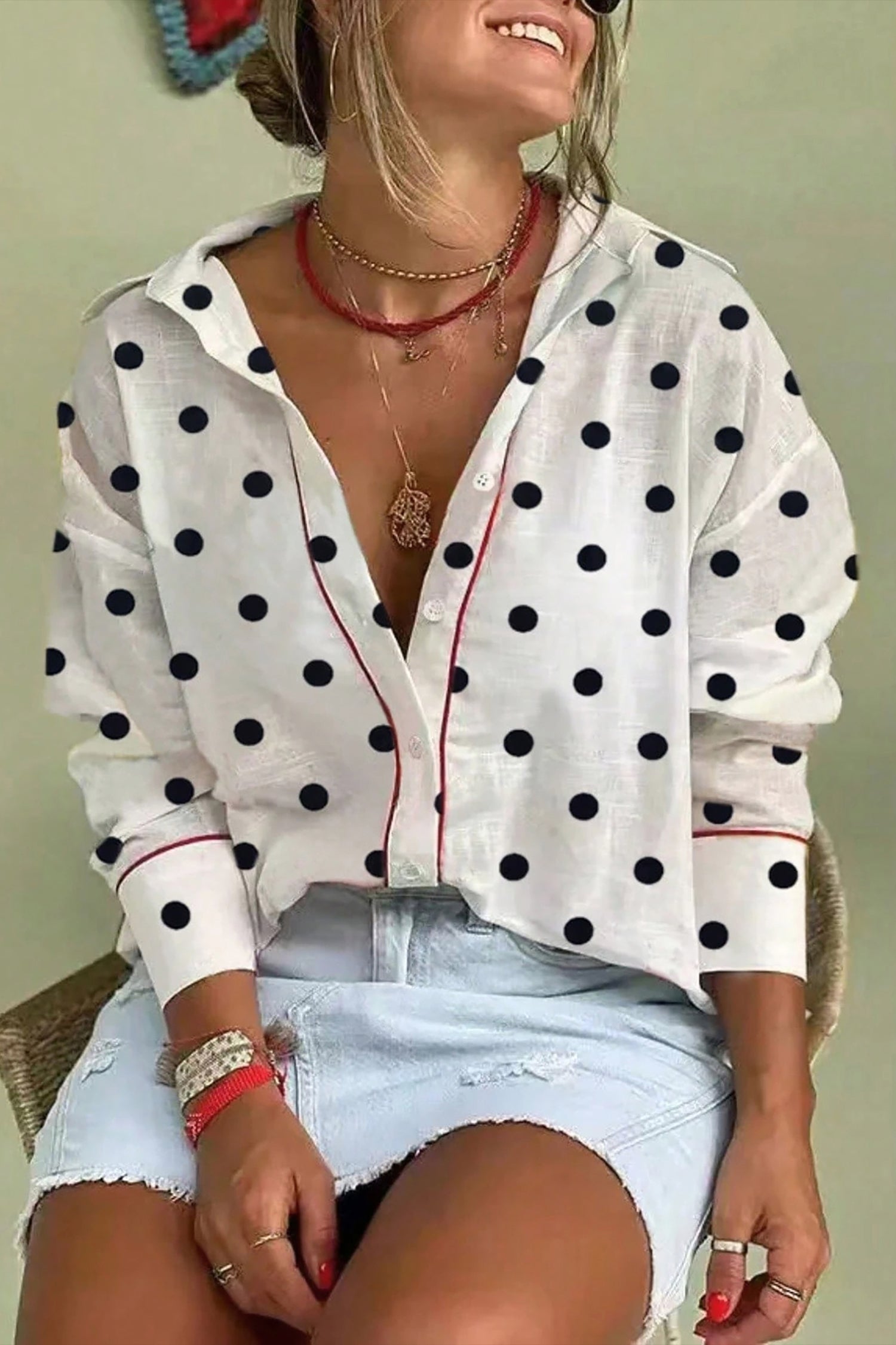 White Polka Dot Print Contrast Piping Elegant Shirt