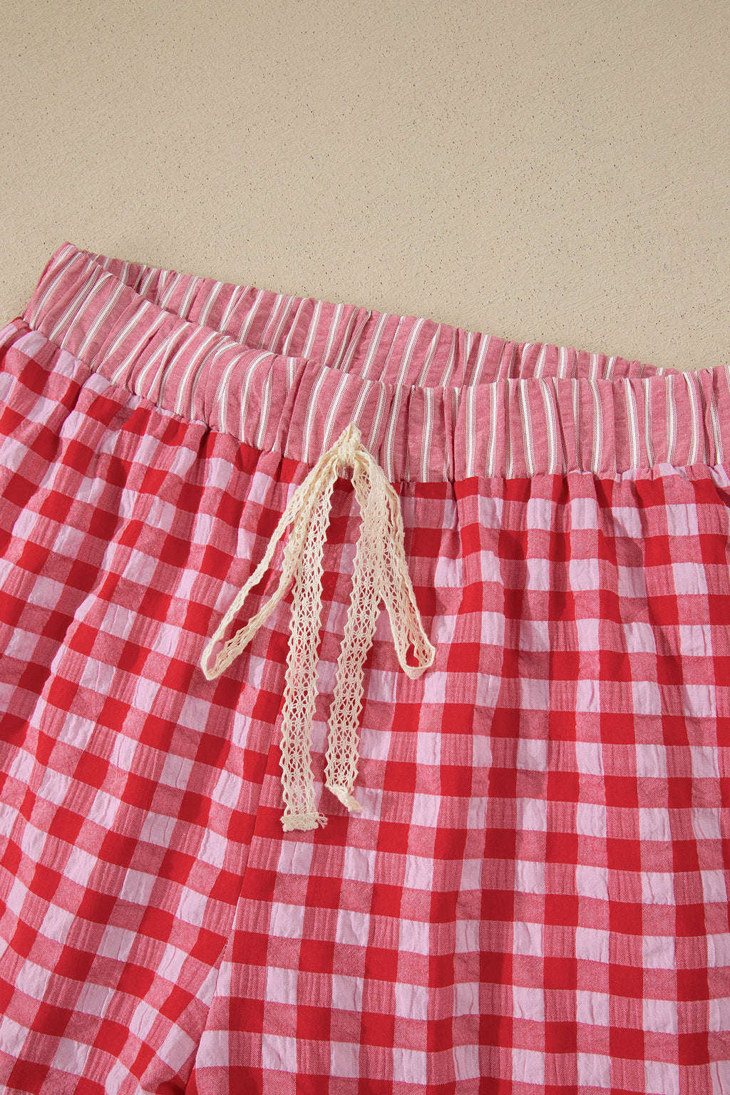 Red Gingham Print Ruffle Striped Detail Lace Tie Shorts