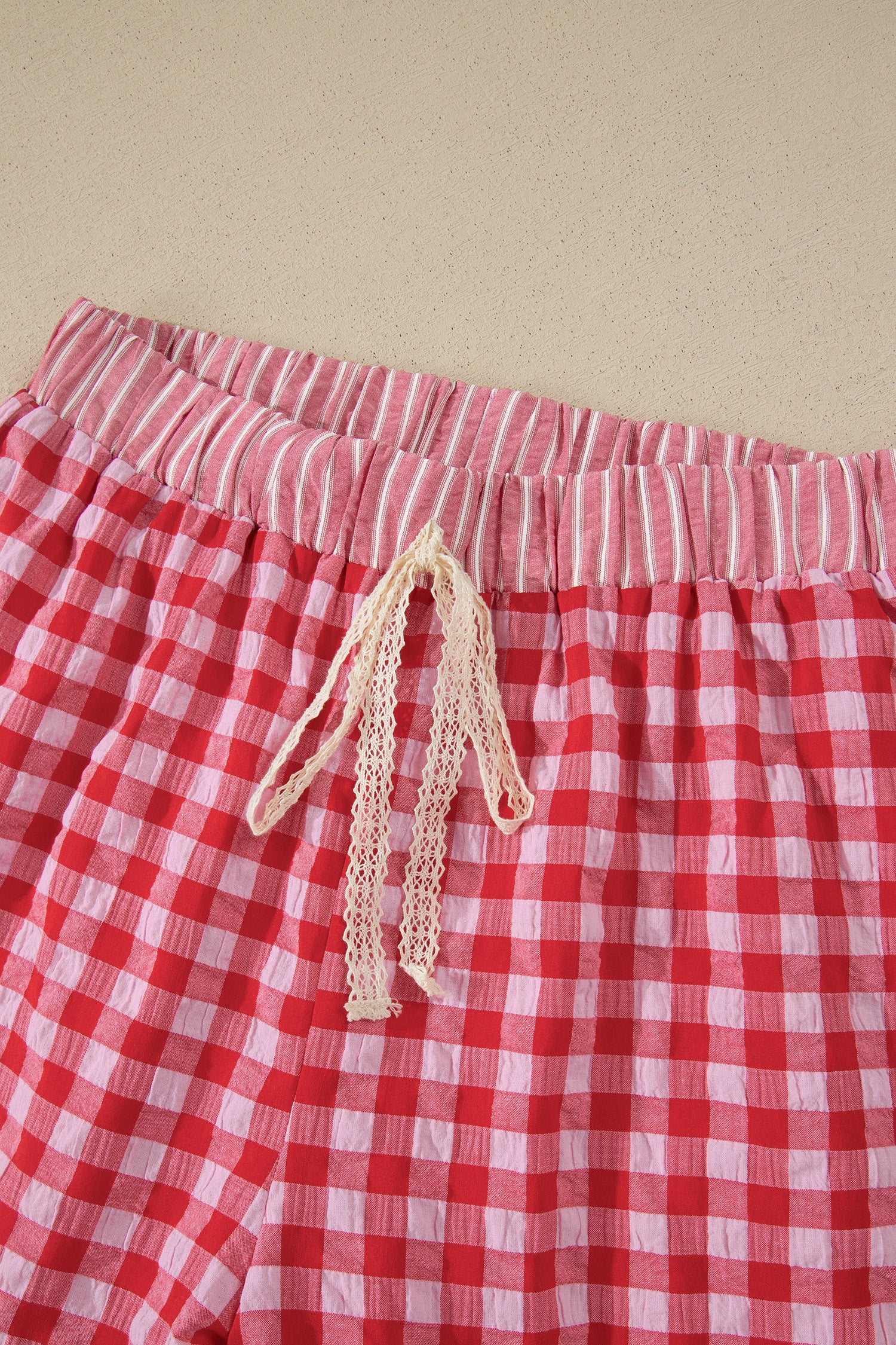 Red Gingham Print Ruffle Striped Detail Lace Tie Shorts