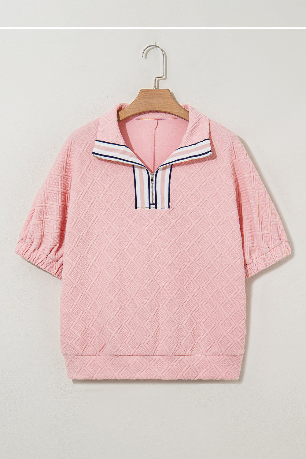 Light Pink Contrast Striped Collar Patchwork Textured Half Sleeve Blouse