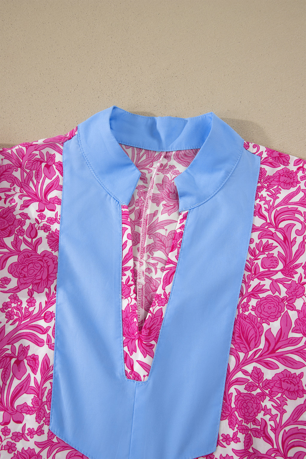 Pink Floral Print Color Block Patchwork V Neck Short Sleeve Midi Dress