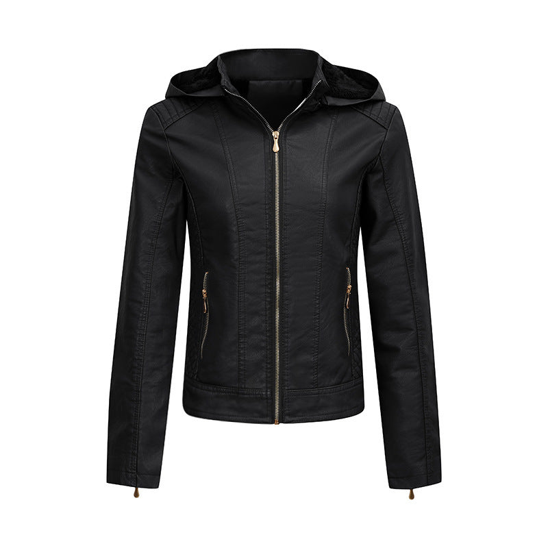 Women's Fleece-Lined Thickened Leather Coat Hooded