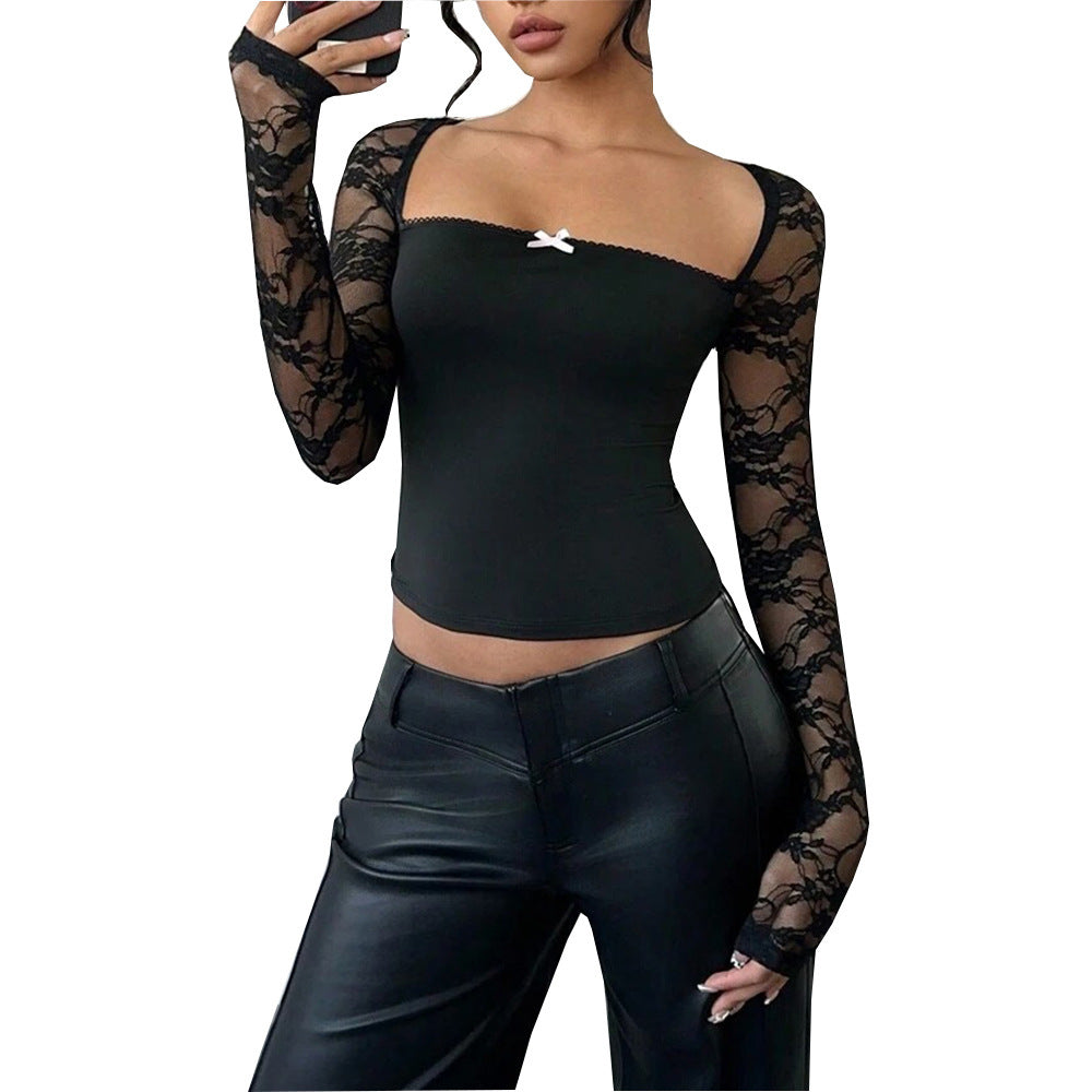 Trendy Lace Long Sleeves Cropped Slim Top