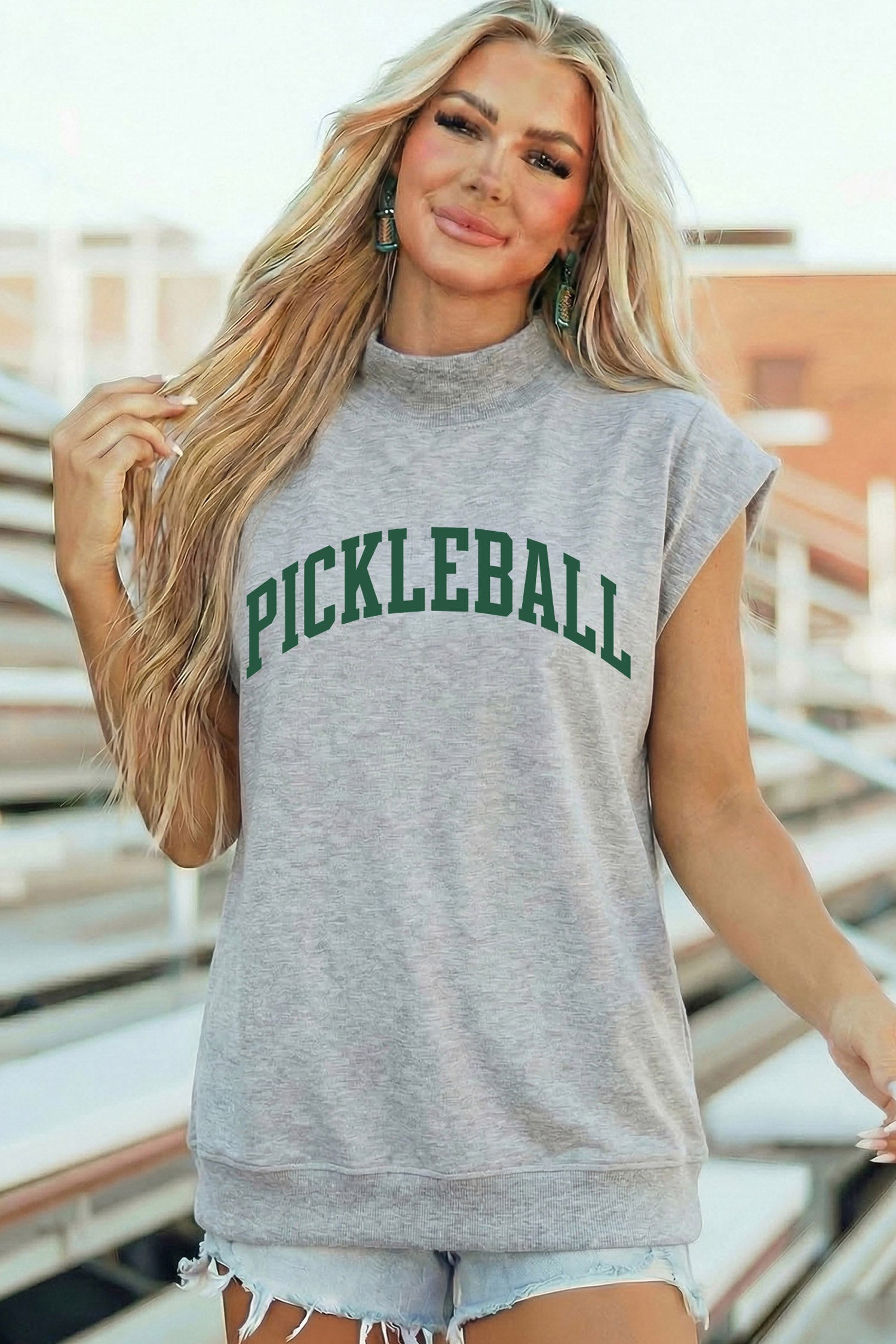 Light Grey PICKLEBALL Lettering Mock Neck Short Sleeve Top