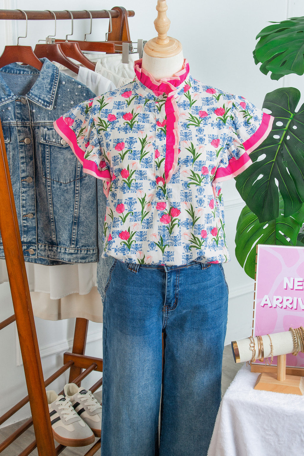 Rose Floral Print Color Block Striped Trim Flutter Sleeve Half Button Blouse