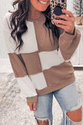 Dark Khaki Colorblock Checkered Raw Seamed Round Neck Knitted Jumper