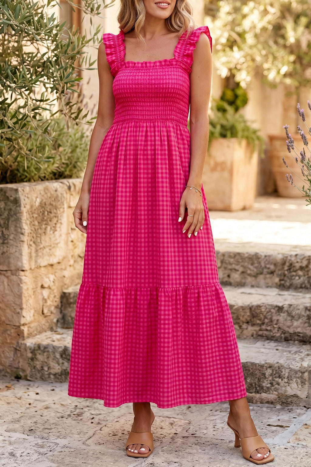 Red Plaid Square Neck Fit-and-flared Vacation Sundress