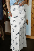 White Western Print Satin Long Skirt