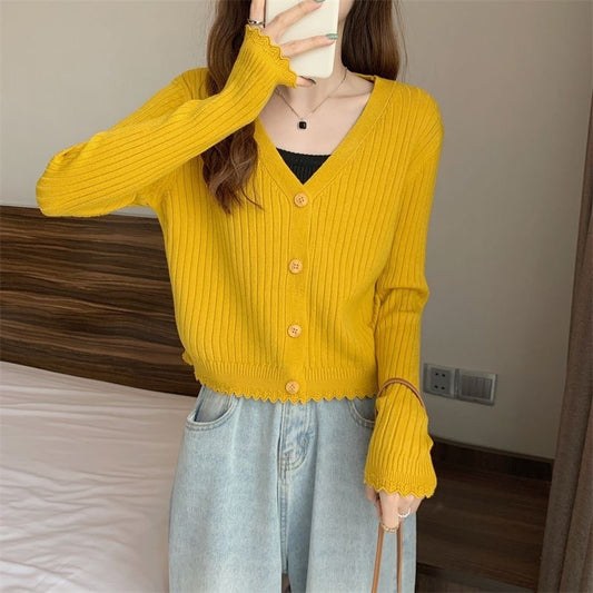 Fall V-neck Sunken Stripe Knitted Cardigan For Women