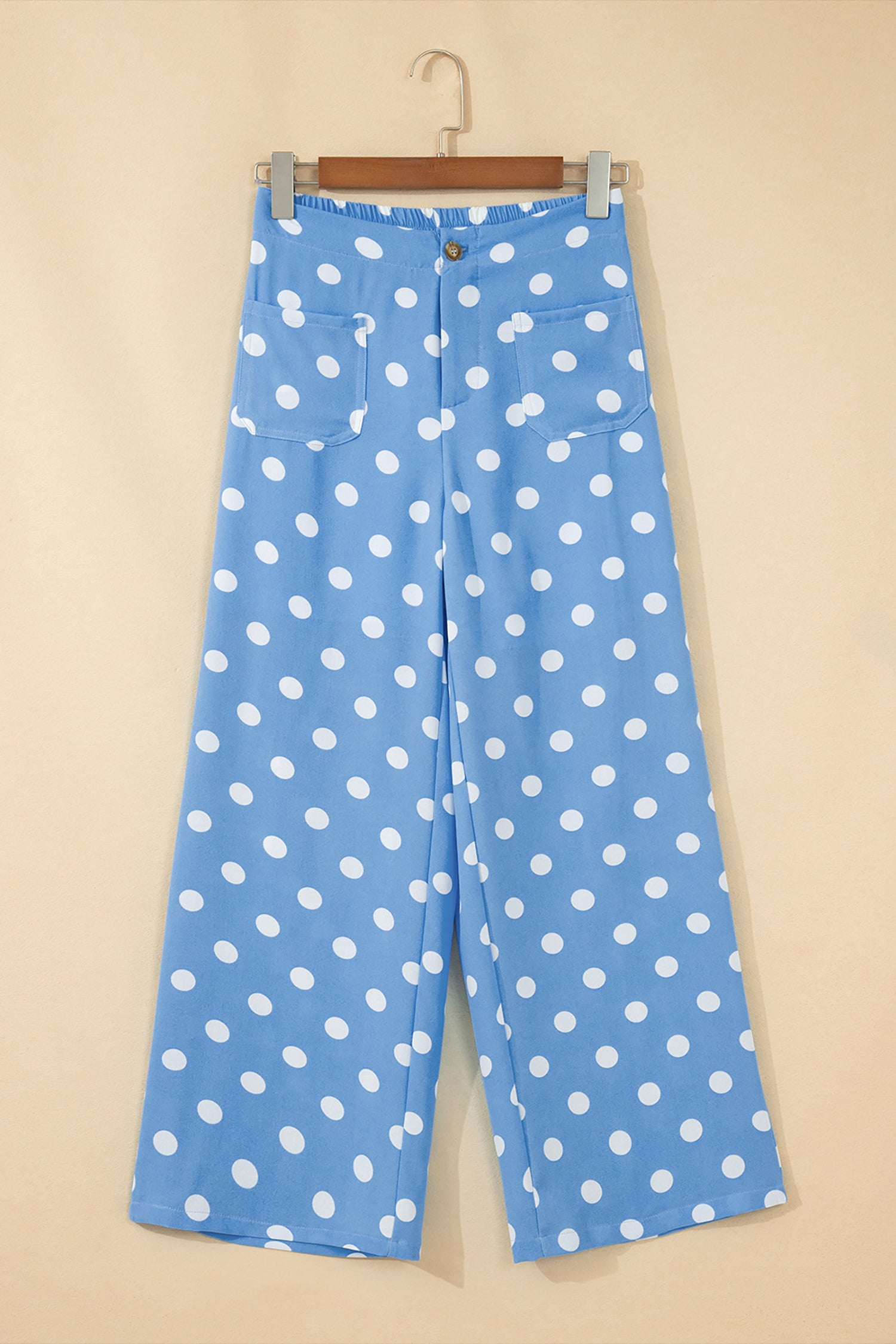 Sky Blue Polka Dot Print Patched Pocket Mid-rise Straight Leg Pants