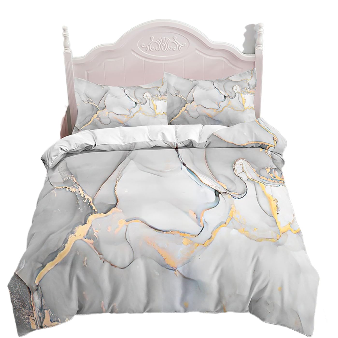 Marble Bedding Set King/Queen Grey Gold Marble Duvet Cover Men Adults Modern Abstract Art Soft Quilt Cover with Pillowcases Home Textiles for Children (US King,1)