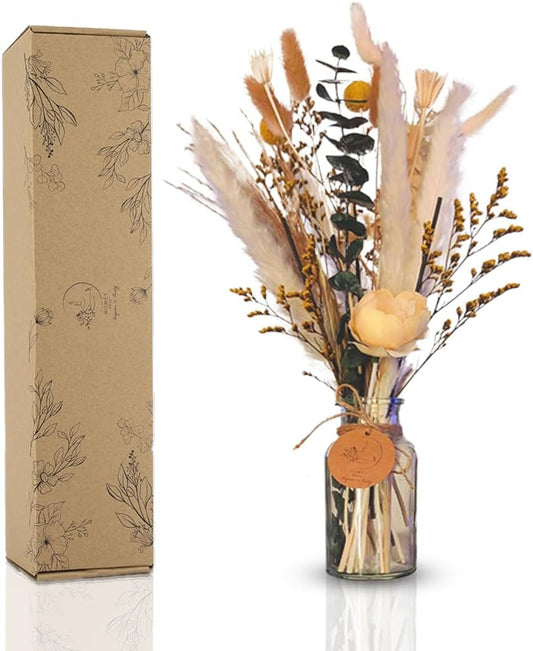 Homey Breeze Natural Dried Pampas Grass (Glass Vase Included) 15 Inches 23 Pcs 10 Styles Included, Small Pampas Dried Flower Arrangements, Flower Reed Diffusers for Home Decor Wedding Party Birthday