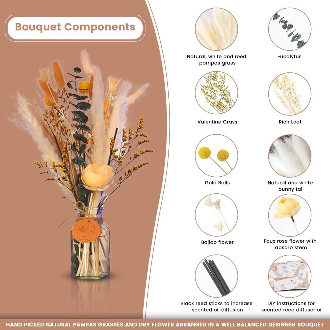 Homey Breeze Natural Dried Pampas Grass (Glass Vase Included) 15 Inches 23 Pcs 10 Styles Included, Small Pampas Dried Flower Arrangements, Flower Reed Diffusers for Home Decor Wedding Party Birthday