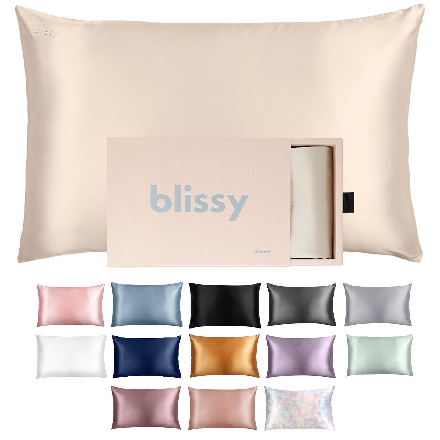 Blissy Silk Pillowcase - 100% Pure Mulberry Silk - 22 Momme 6A High-Grade Fibers - Silk Pillow Cover for Hair & Skin - Regular, Queen & King with Hidden Zipper (Queen, Blissy White)