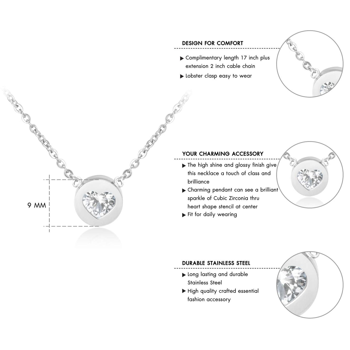 555Jewelry Womens Stainless Steel Heart CZ Engraved Round Disc Pendant Necklace