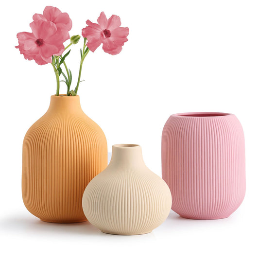 Ceramic Vase for Decor,Small Boho Vases Set for Home Decor,Modern Minimalist Farmhouse Decor,Decorative Bud Vases for Shelf Decor,Table, Bookshelf, Mantel and Entryway(Pink+Light Yellow+Orange)