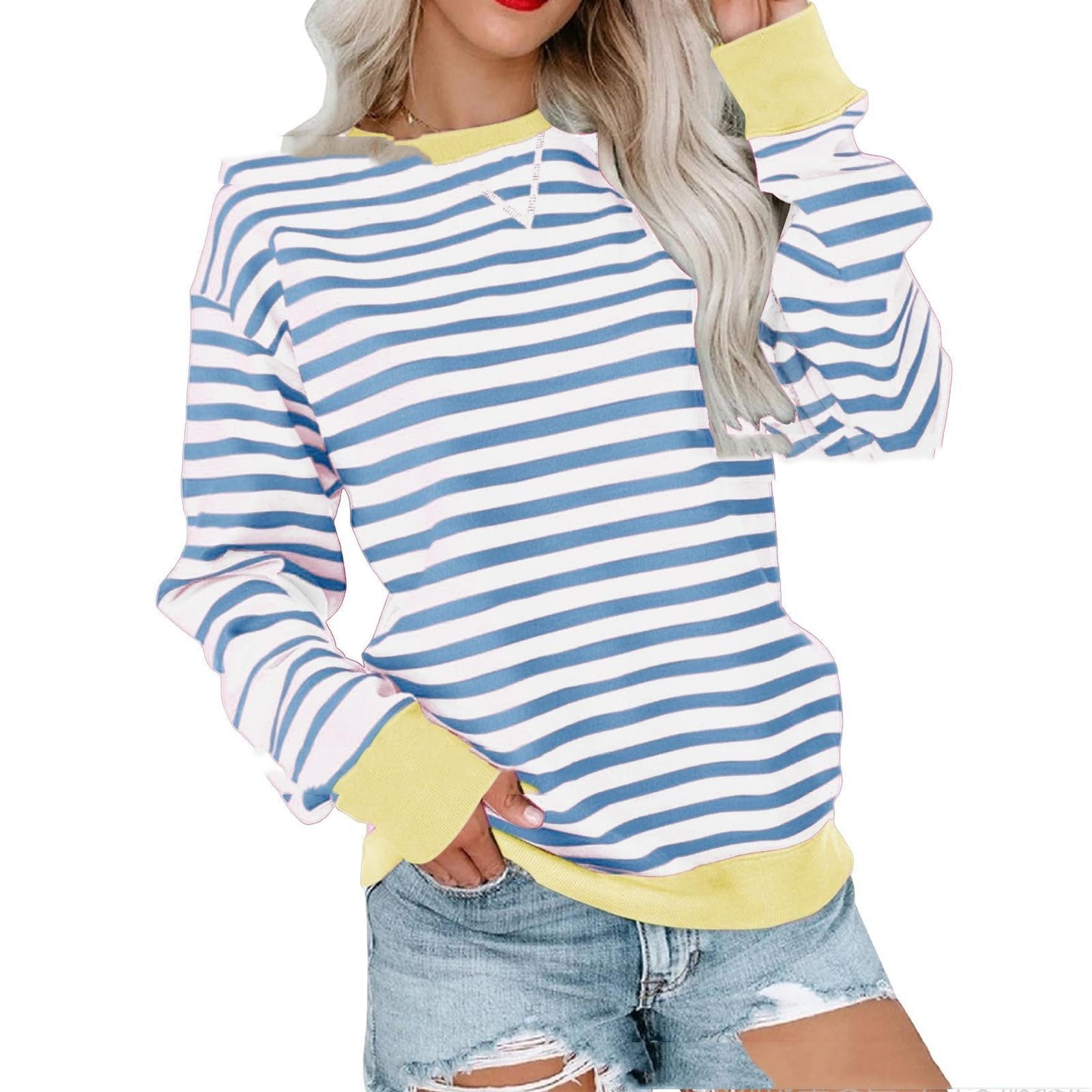 Striped Contrast Color Round Neck Trendy Long-sleeve