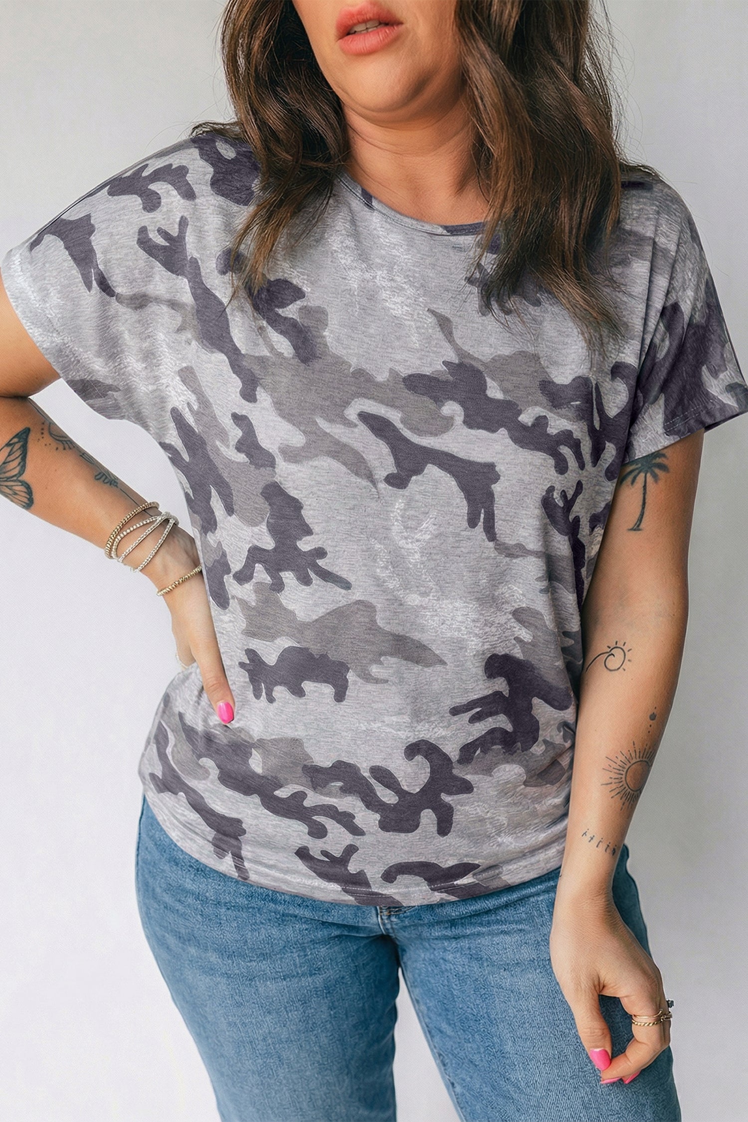 Gray Plus Size Camo Print Casual T Shirt
