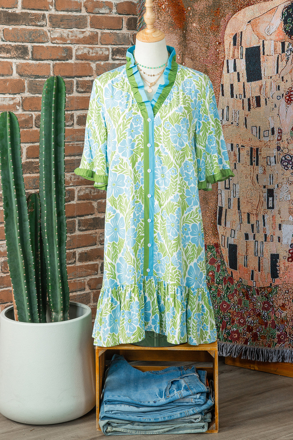 Sky Blue Botanical Floral Print Frilled Trim V Neck Button Front Loose Dress