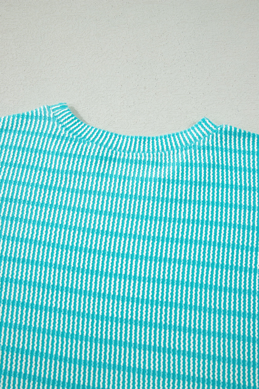 Sky Blue Stripe Raised Rib Loose Tee Drawstring Elastic Waist 2pcs Short Set