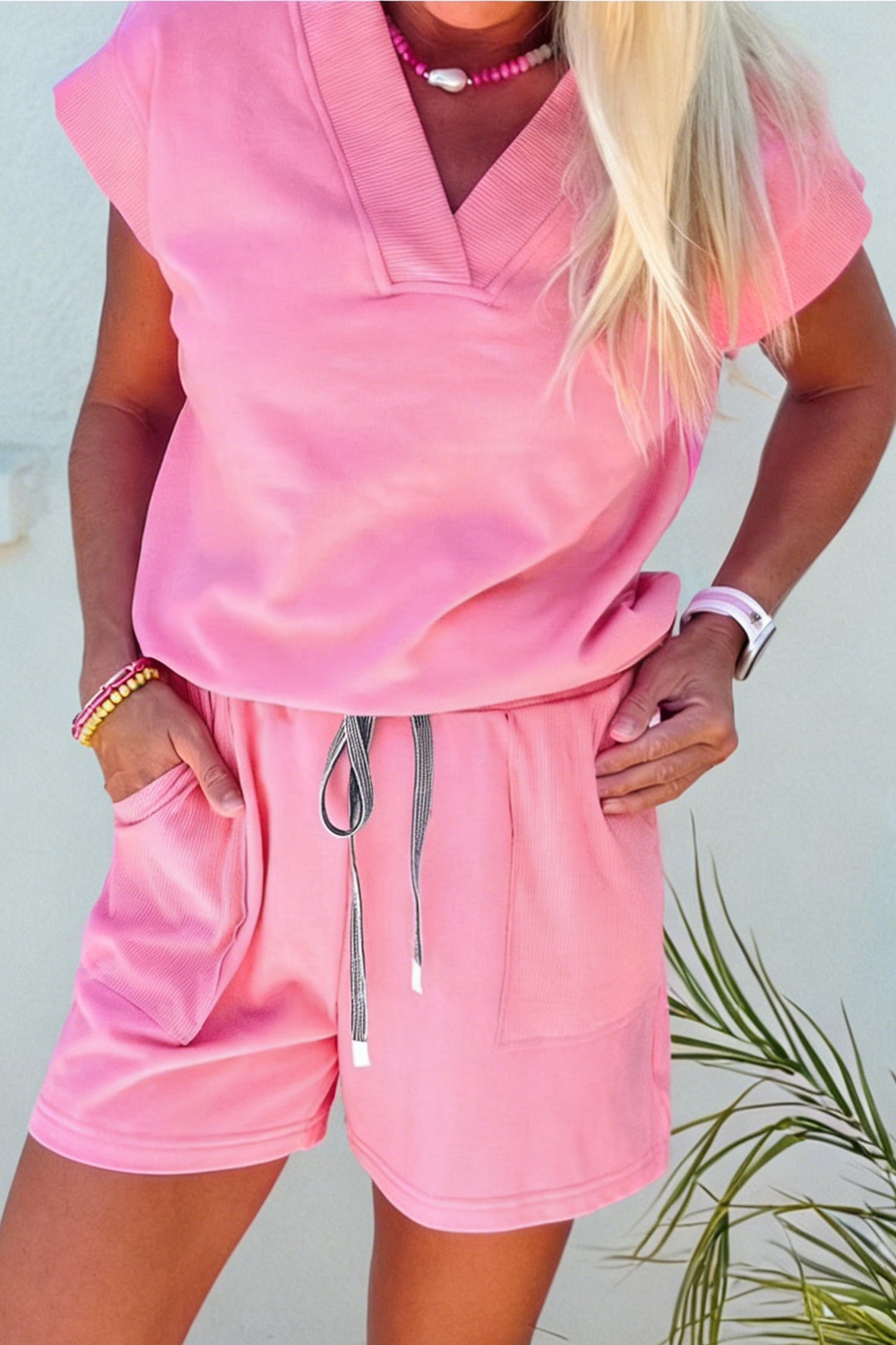 Sachet Pink V Neck Short Sleeve Top Drawstring Shorts 2pcs Set