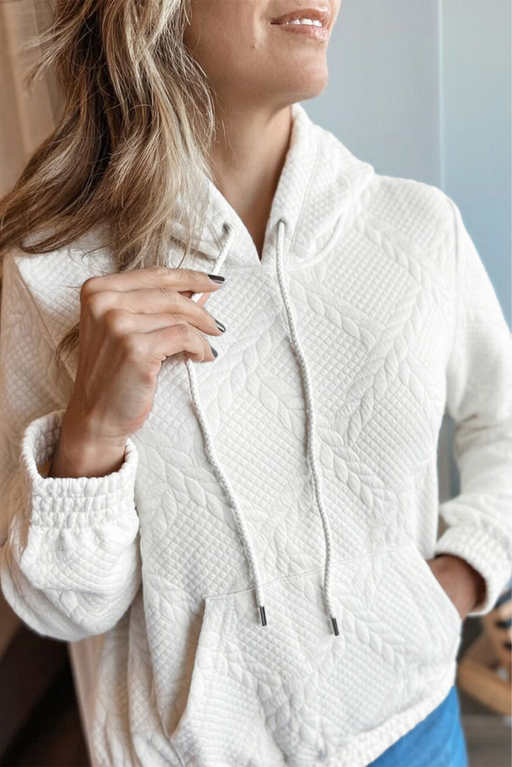 White Cable Lattice Texture Kangaroo Pocket Hoodie