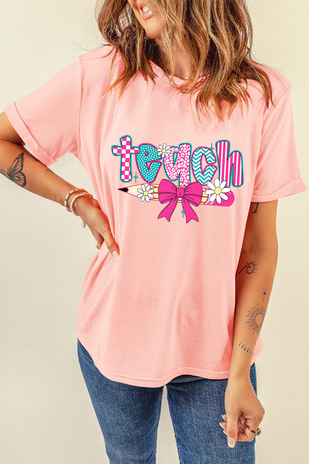 Pink Preppy Retro Checkered Coquette Teach Graphic T-Shirt