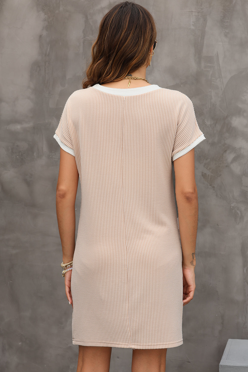 Apricot Twisted Ribbed Color Block Trim T Shirt Shift Dress