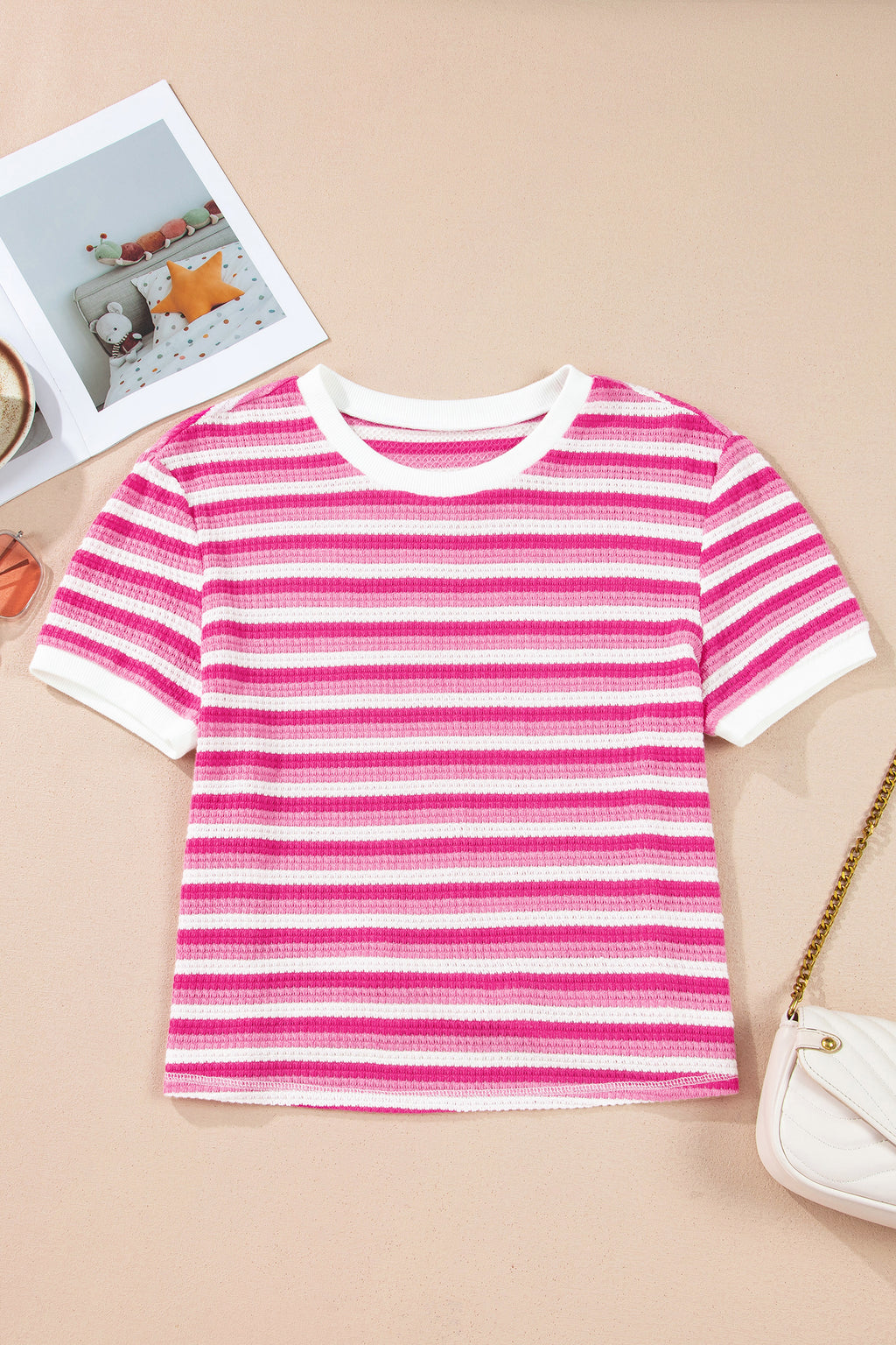 Sachet Pink Textured Knit Short Sleeve Crossed Detail Tee