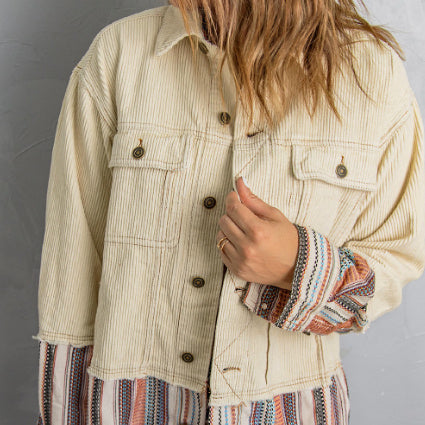 Button Up Pockets Striped Color Block Corduroy Jacket