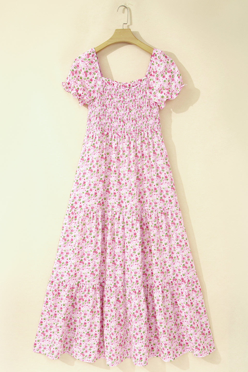 Pink Floral Short Bubble Sleeve Shirred High Waist Maxi Dress