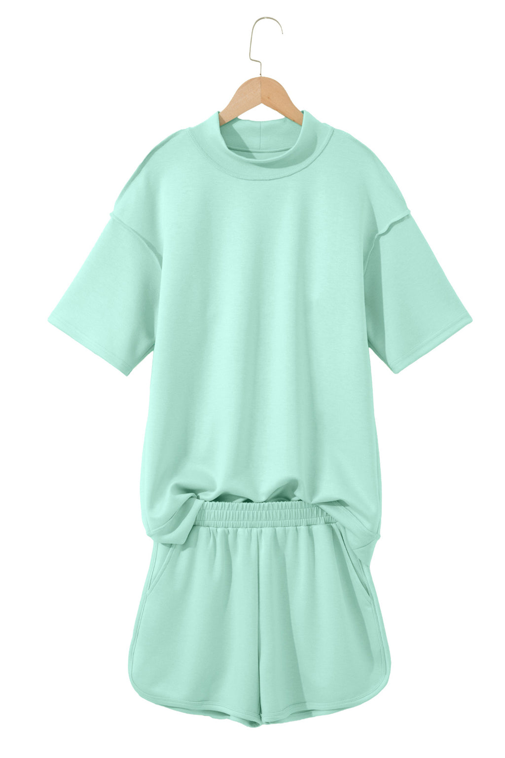 Moonlight Jade Solid Color Exposed Seam Mock Neck Oversize Tee Casual Shorts 2pcs Outfit
