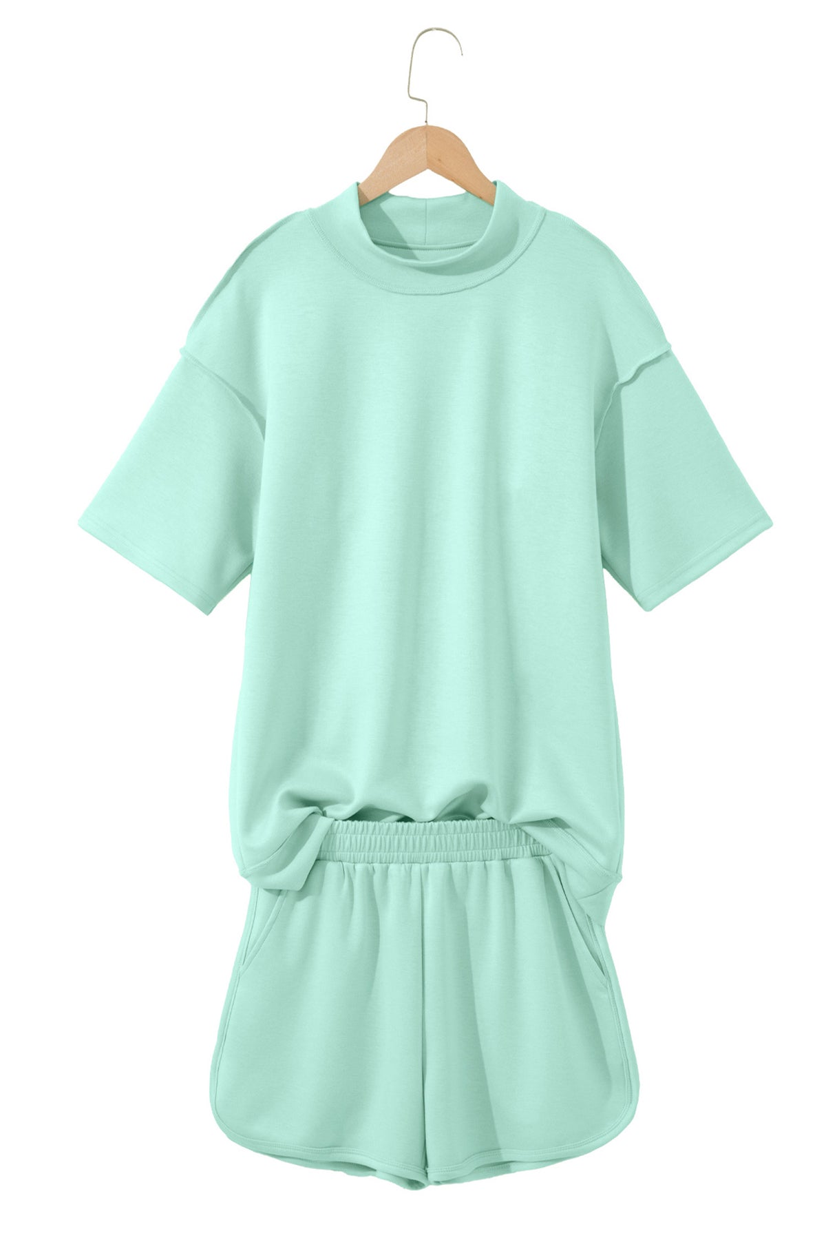 Moonlight Jade Solid Color Exposed Seam Mock Neck Oversize Tee Casual Shorts 2pcs Outfit
