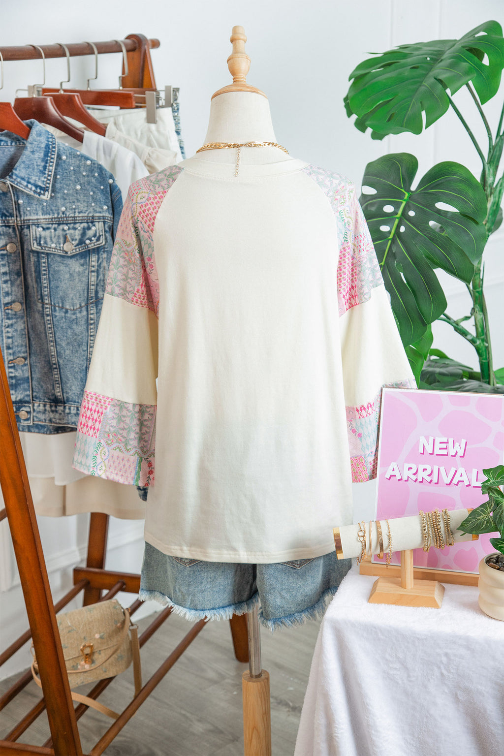 Beige Color Block Retro Floral Patchwork Long Sleeve Top